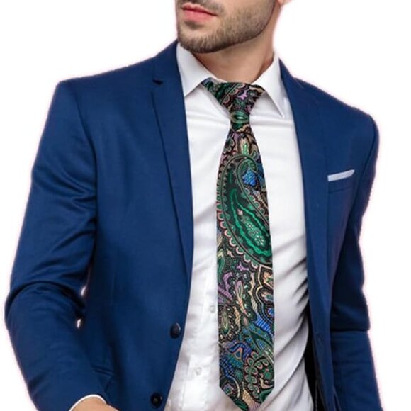Silk Paisley Necktie and Pocket Square Cufflinks Set Green - Picture 1 of 6